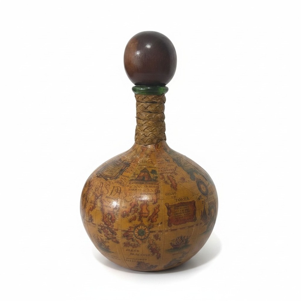 VTG 1960s Italian Old World Map Glass Decanter Nautical Wood Stopper Brown